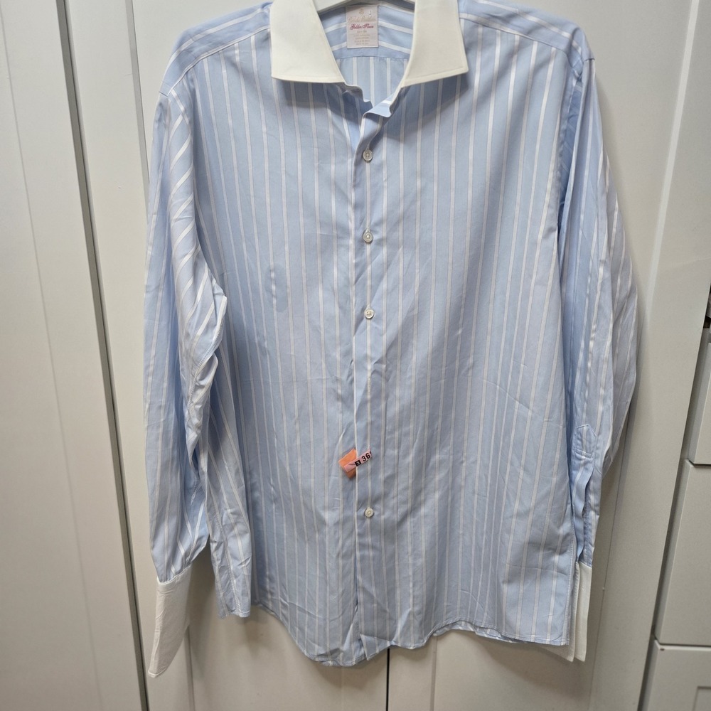 Brooks Brothers French Cuff White Collar 16.5x34 Regular Blue Dress Shirt  Flaw‎